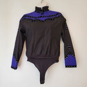 Vintage Custom Embellished Black Purple Long Sleeve Bodysuit L Horse Show Wester